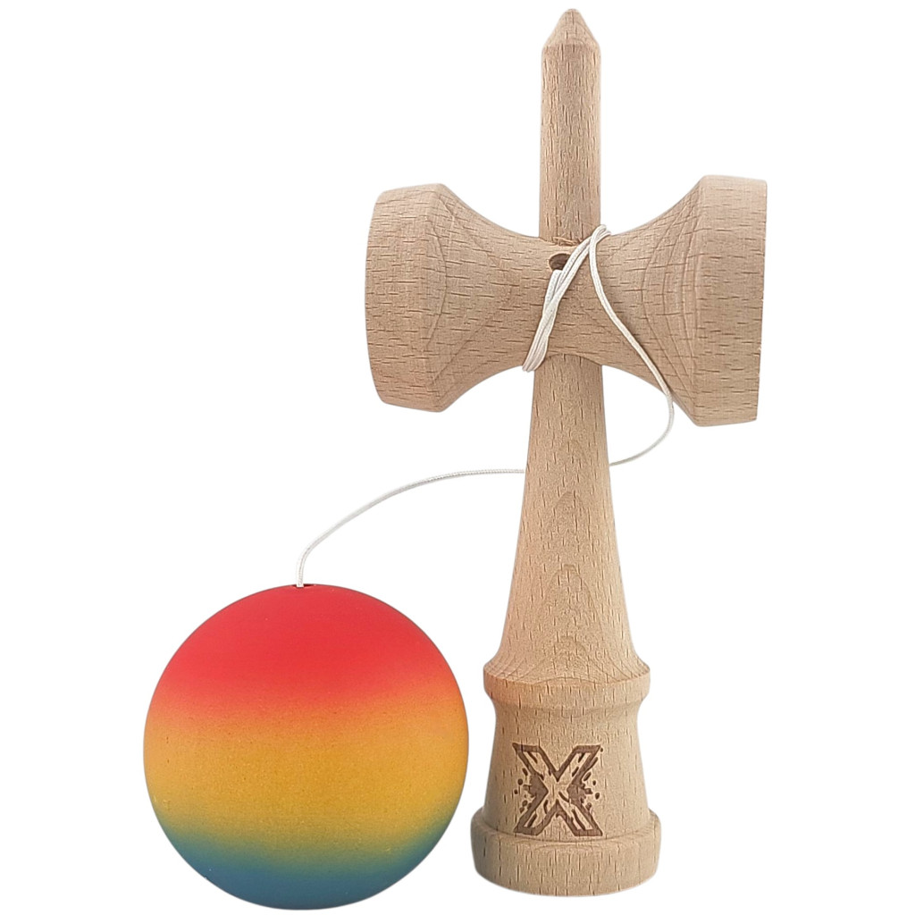 Jucarie lemn Kendama, 18 cm, gradient rosu/galben/albastru — varianta 4