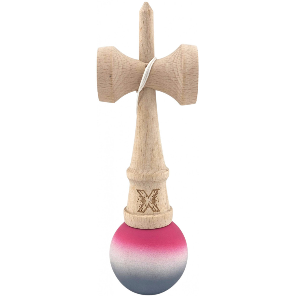 Jucarie lemn Kendama X, originala, profesionala, Rubber Grip, roz/alb/gri — varianta 2