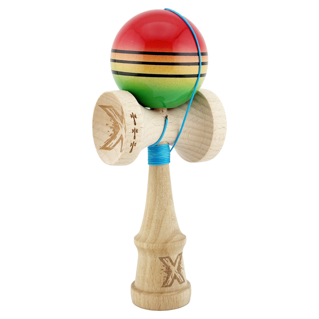 Jucarie lemn Kendama X, Super Sticky, cupe mari V2, gaura in basecup, rulment, ata rezerva, rosu/galben/verde — varianta 2
