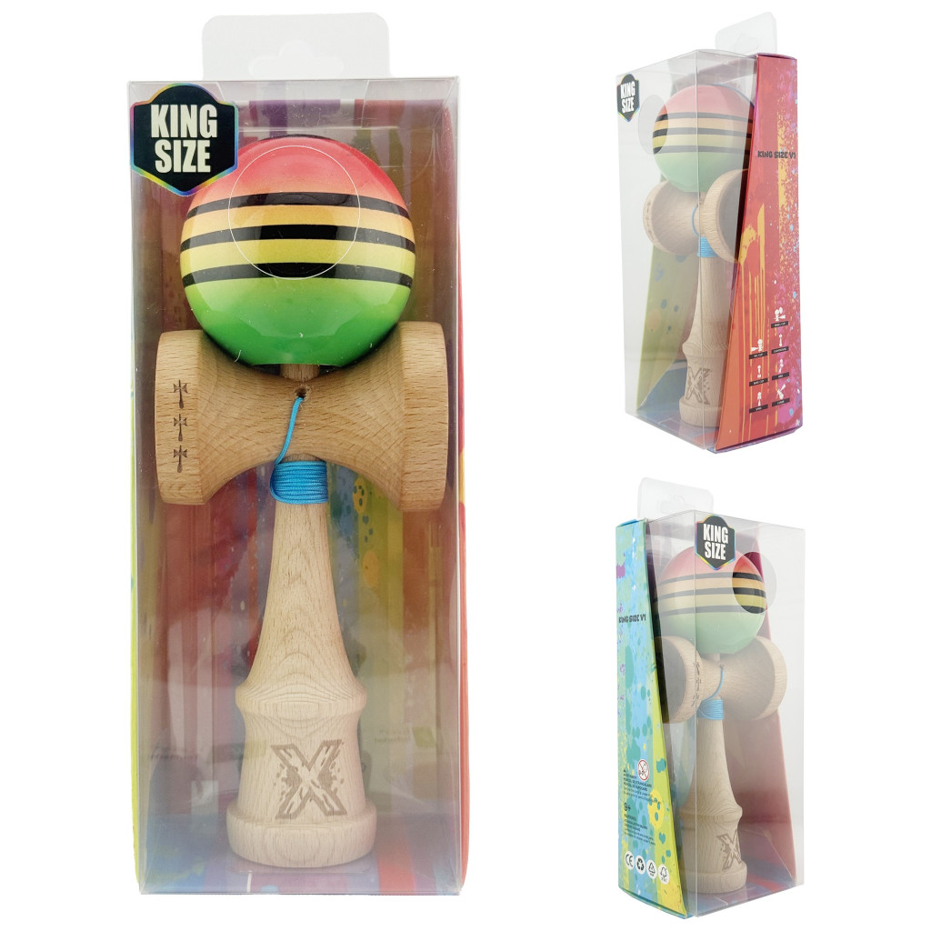 Jucarie lemn Kendama X, Super Sticky, cupe mari V2, gaura in basecup, rulment, ata rezerva, rosu/galben/verde — varianta 5