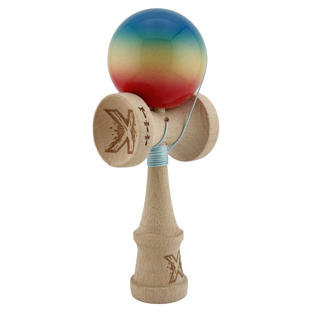Jucarie lemn Kendama X, Super Sticky, cupe mari V2, rulment, ata rezerva, rosu/galben/albastru — 2