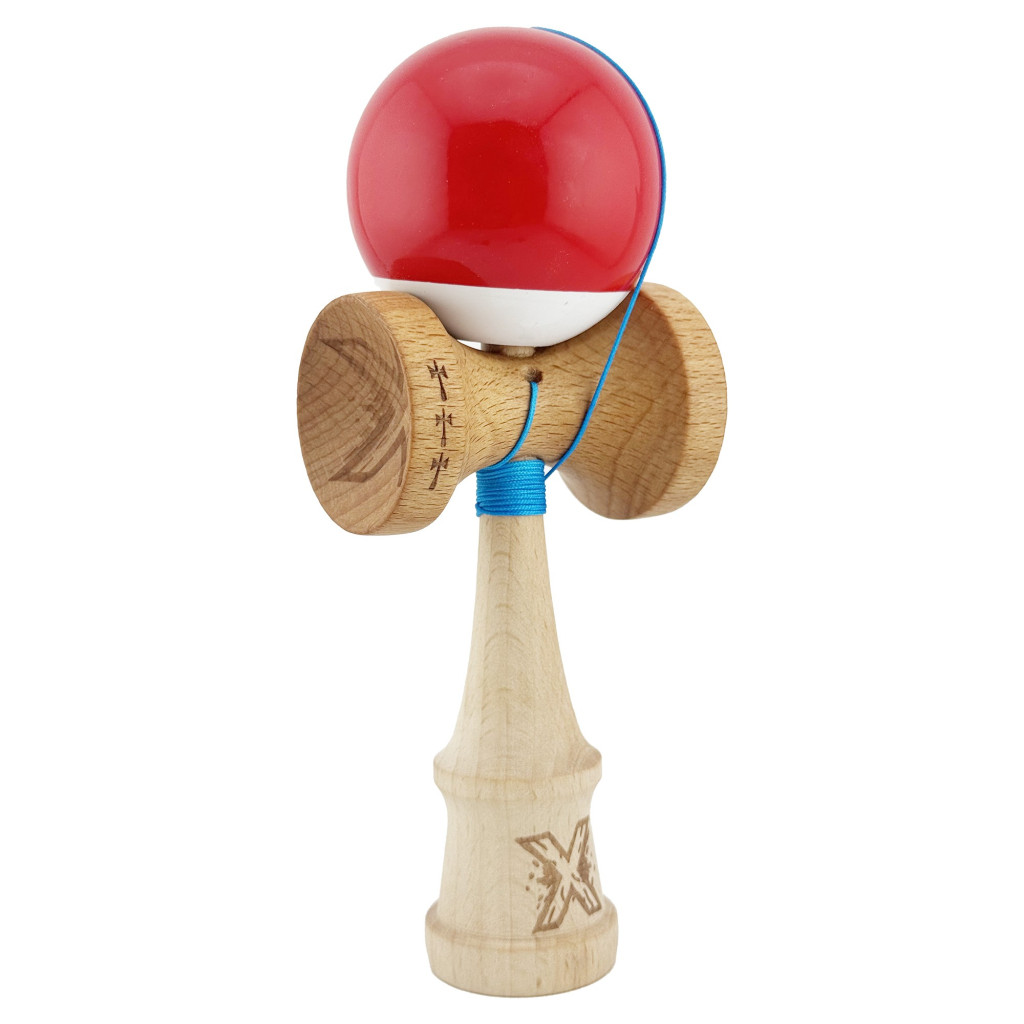 Jucarie lemn Kendama X, Super Sticky, cupe mari V2, gaura in basecup, rulment, ata rezerva, rosu/alb — varianta 2