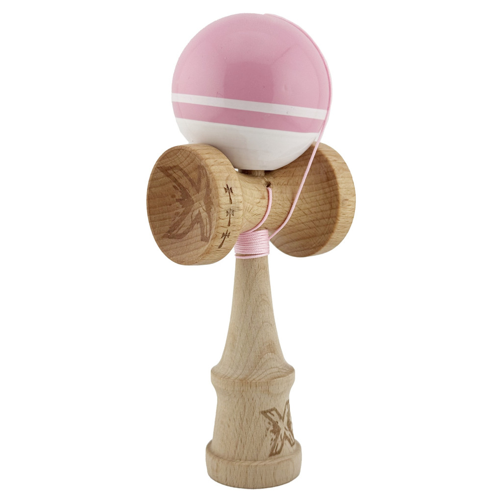 Jucarie lemn Kendama X, Super Sticky, cupe mari V2, gaura in basecup, rulment, ata rezerva, roz/alb — 2