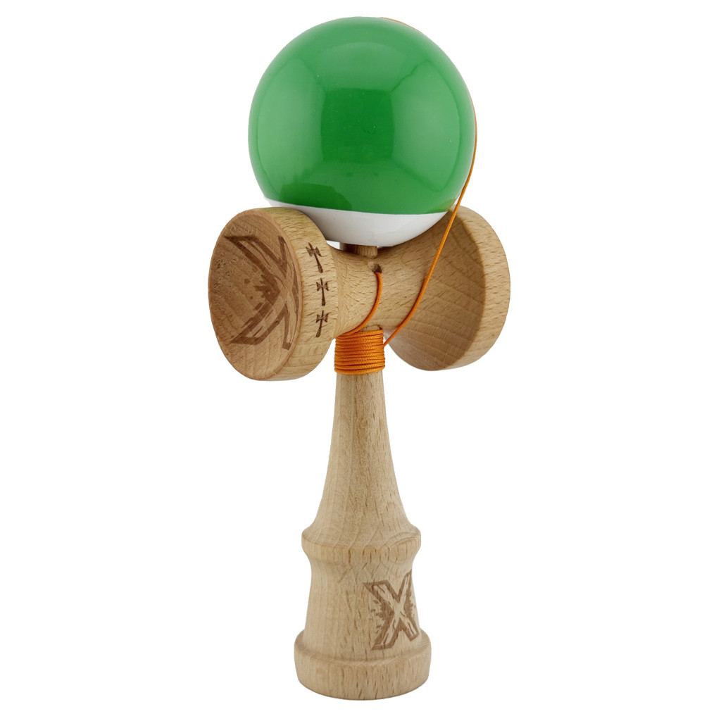 Jucarie lemn Kendama X, Super Sticky, cupe mari V2, gaura in basecup, rulment, ata rezerva, verde/alb — varianta 2