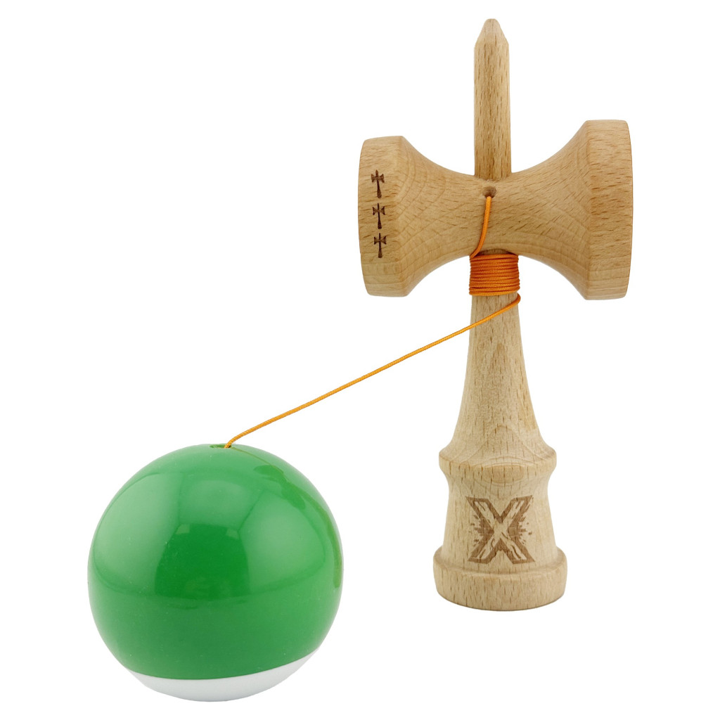 Jucarie lemn Kendama X, Super Sticky, cupe mari V2, gaura in basecup, rulment, ata rezerva, verde/alb — varianta 3