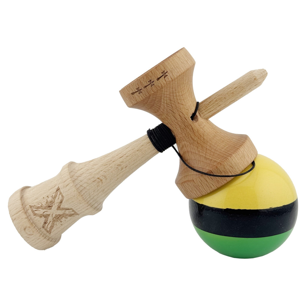 Jucarie lemn Kendama X, Super Sticky, cupe mari V2, gaura in basecup, rulment, ata rezerva, galben/negru/verde — 4