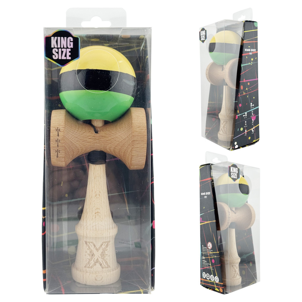 Jucarie lemn Kendama X, Super Sticky, cupe mari V2, gaura in basecup, rulment, ata rezerva, galben/negru/verde — 5