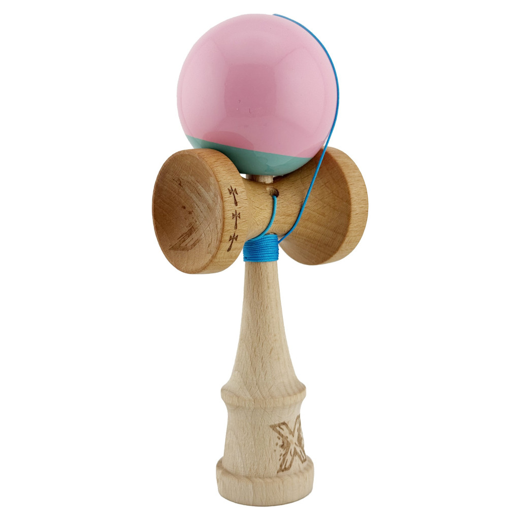 Jucarie lemn Kendama X, Super Sticky, cupe mari V2, gaura in basecup, rulment, ata rezerva, roz/verde — 2