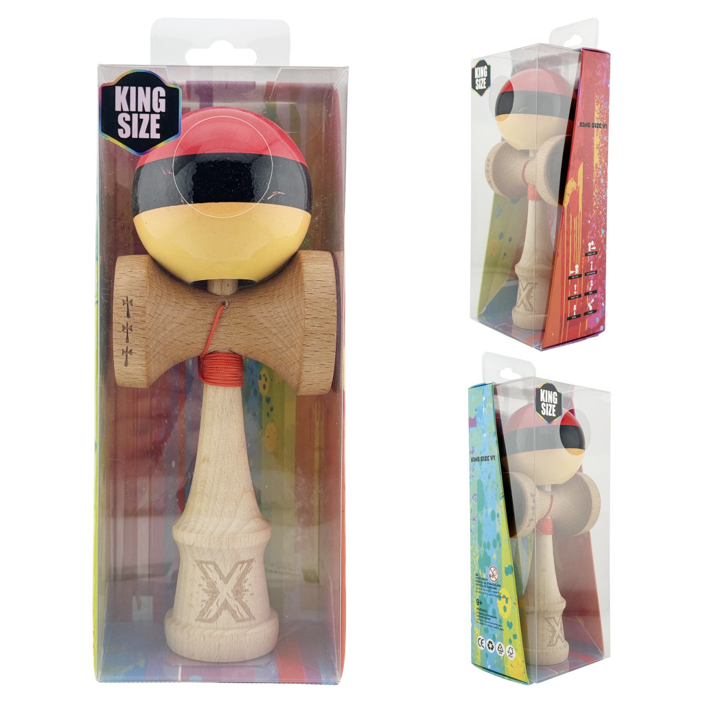 Jucarie lemn Kendama X, Super Sticky, cupe mari V2, gaura in basecup, rulment, ata rezerva, rosu/negru/galben — 5