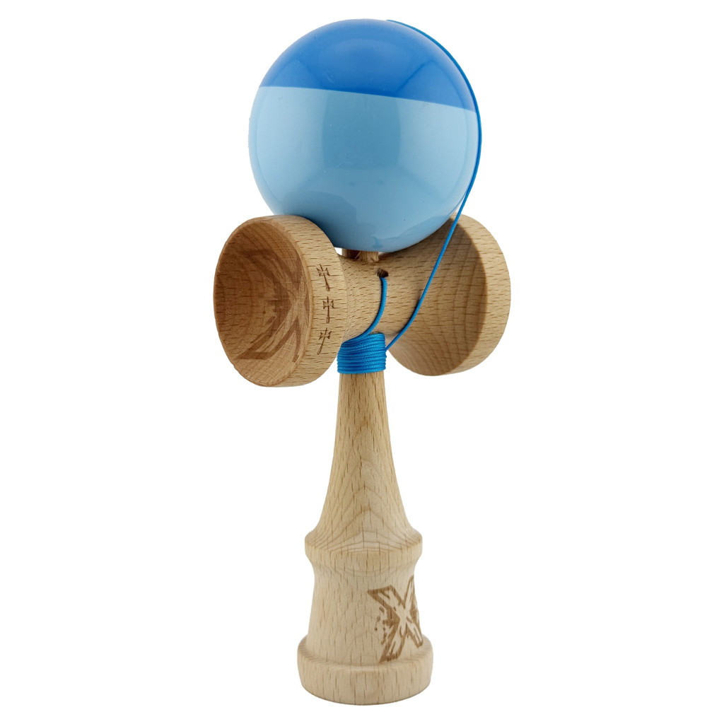 Jucarie lemn Kendama X, Super Sticky, cupe mari V2, gaura in basecup, rulment, ata rezerva, albastru/bleu — 2