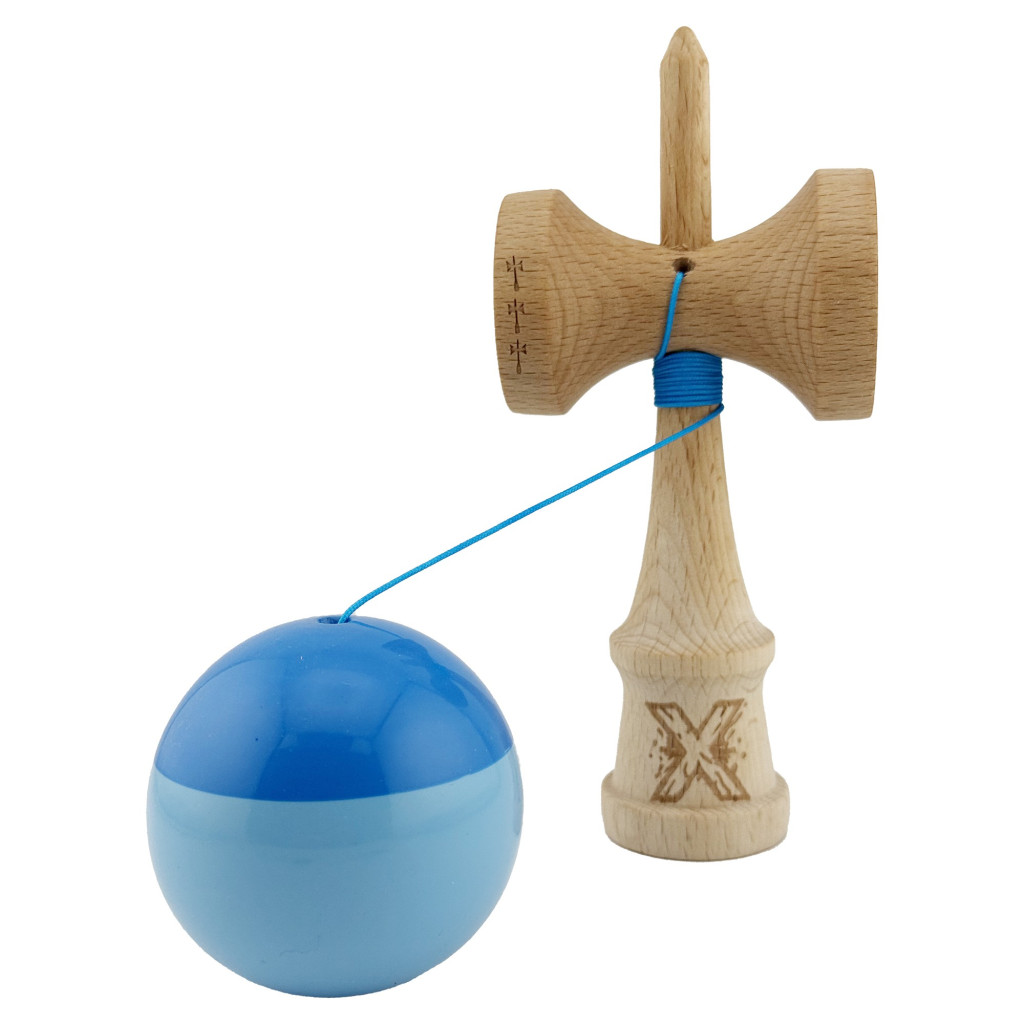 Jucarie lemn Kendama X, Super Sticky, cupe mari V2, gaura in basecup, rulment, ata rezerva, albastru/bleu — 3