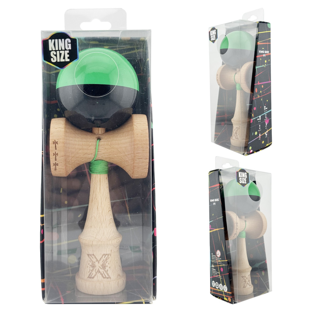 Jucarie lemn Kendama X, Super Sticky, cupe mari V2, gaura in basecup, rulment, ata rezerva, verde/negru — 4