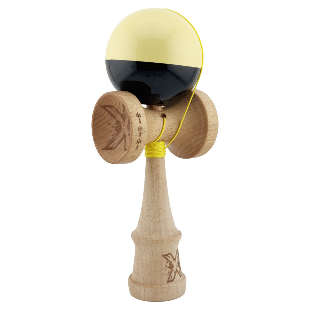 Jucarie lemn Kendama X, Super Sticky, cupe mari V2, gaura in basecup, rulment, ata rezerva, galben/negru — varianta 2