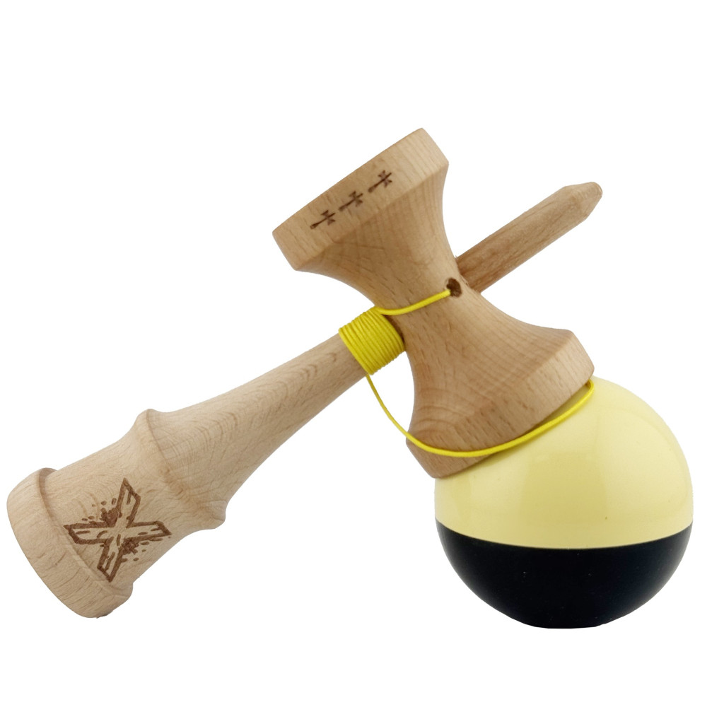 Jucarie lemn Kendama X, Super Sticky, cupe mari V2, gaura in basecup, rulment, ata rezerva, galben/negru — varianta 4