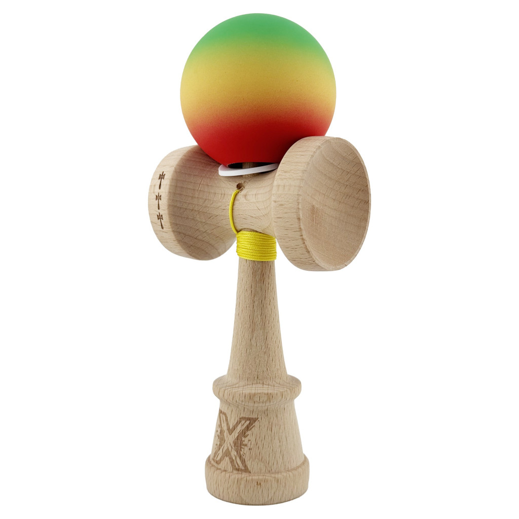 Jucarie lemn Kendama X, Rubber Grip, cupe mari V3, gaura in basecup, rulment, ata rezerva, verde/galben/rosu — 2
