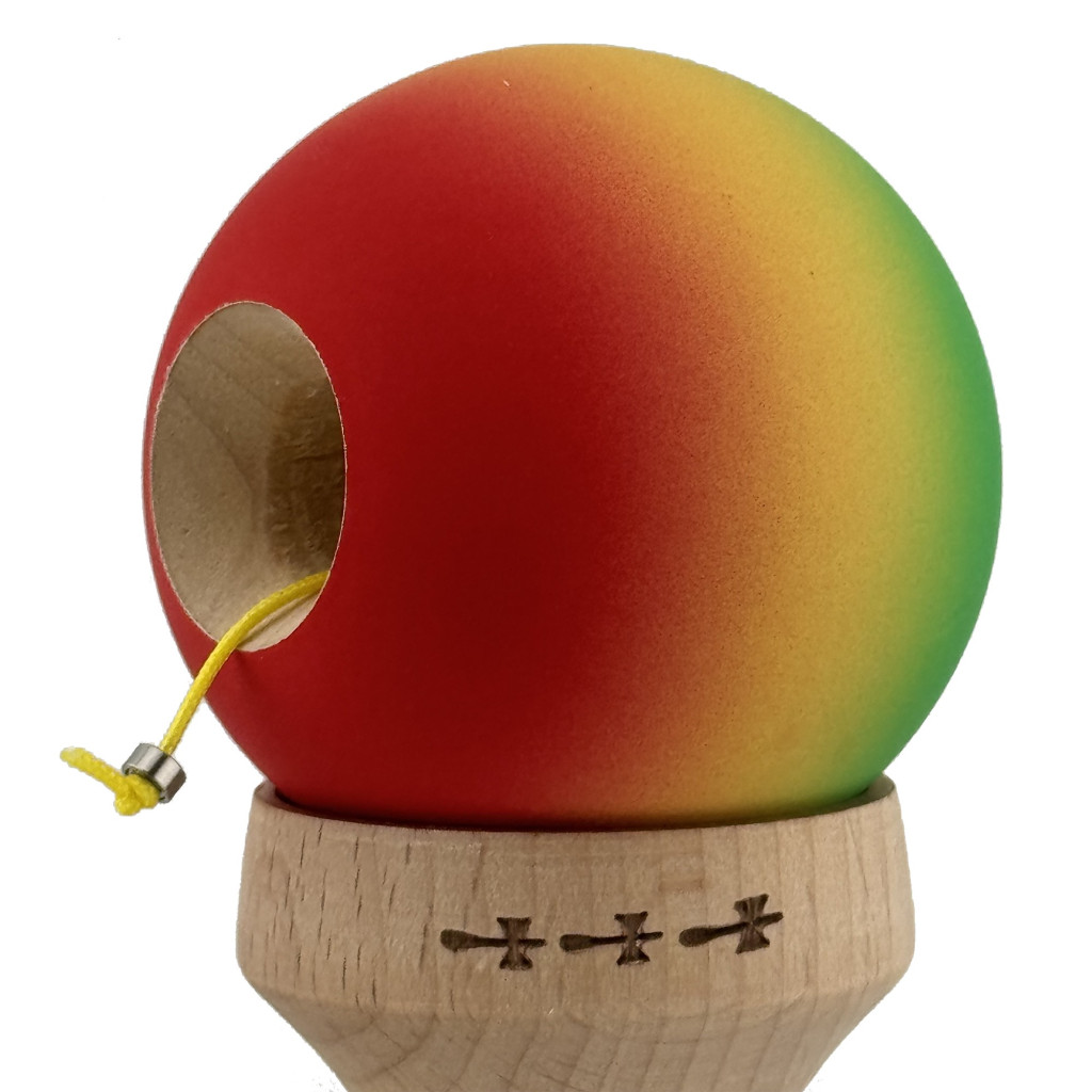 Jucarie lemn Kendama X, Rubber Grip, cupe mari V3, gaura in basecup, rulment, ata rezerva, verde/galben/rosu — 4