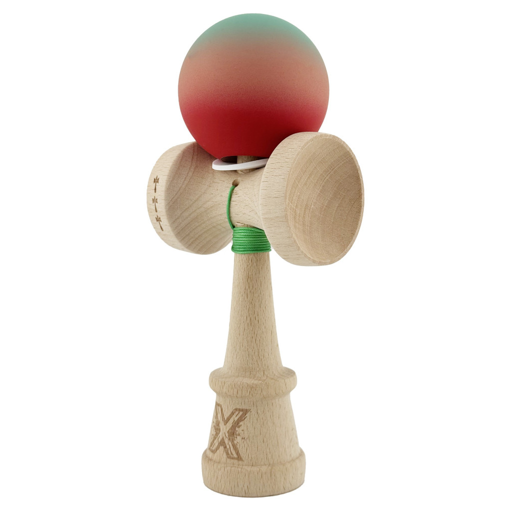 Jucarie lemn Kendama X, Rubber Grip, cupe mari V3, gaura in basecup, rulment, ata rezerva, verde/roz/rosu — 2