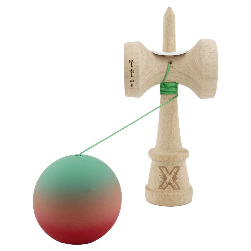 Jucarie lemn Kendama X, Rubber Grip, cupe mari V3, gaura in basecup, rulment, ata rezerva, verde/roz/rosu — 3