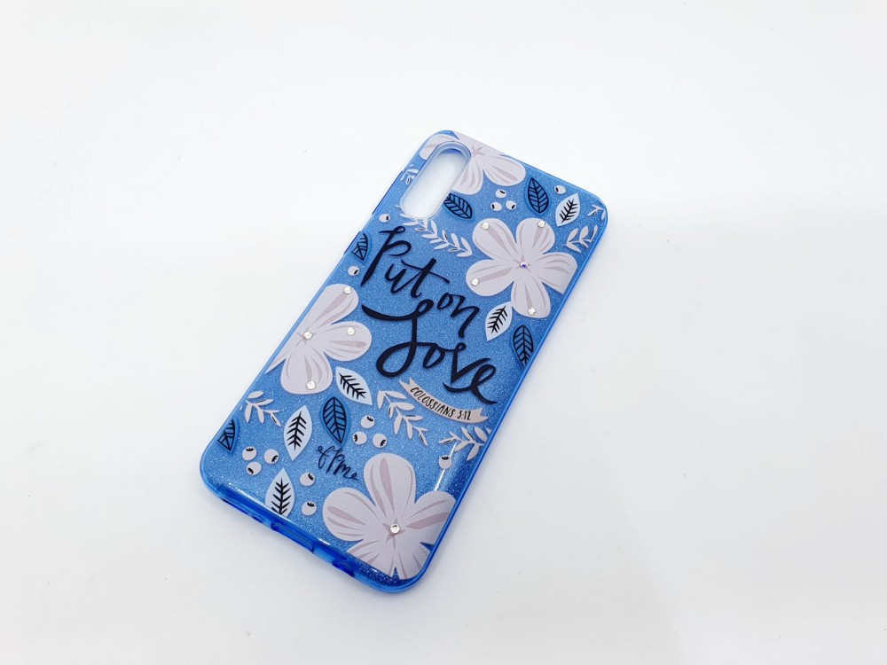 Husa Flowers Glitter pentru Apple iPhone 6 / 6S, cu mesaj, albastra — 2