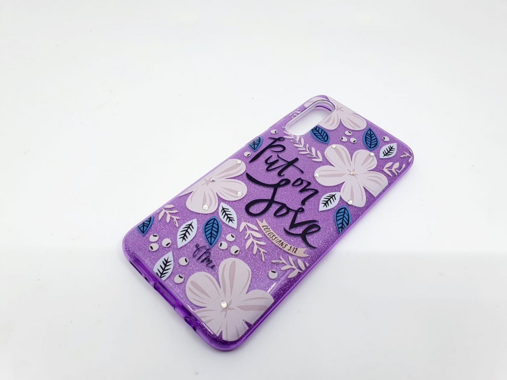 Husa Flowers Glitter pentru Apple iPhone 7 / 8, cu mesaj, mov — varianta 2