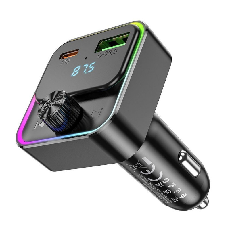 Modulator FM Hoco E81, Incarcare 30W, 2 porturi incarcare, Iluminare RGB, Bluetooth, negru — varianta 2