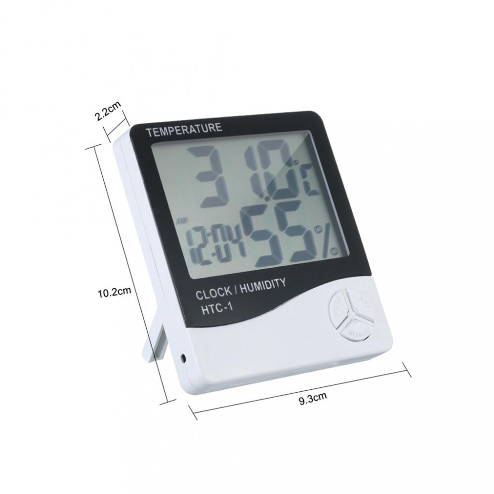 Ceas digital HTC-1, ecran LCD, higrometru, termometru, AM/PM, alarma, alb — varianta 2