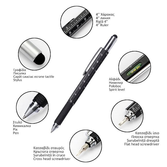 Unealta multifunctionala 6 in 1 (pix, surubelnita dreapta si in cruce, nivela, rigla, stylus ecran), 15 cm, neagra — varianta 2