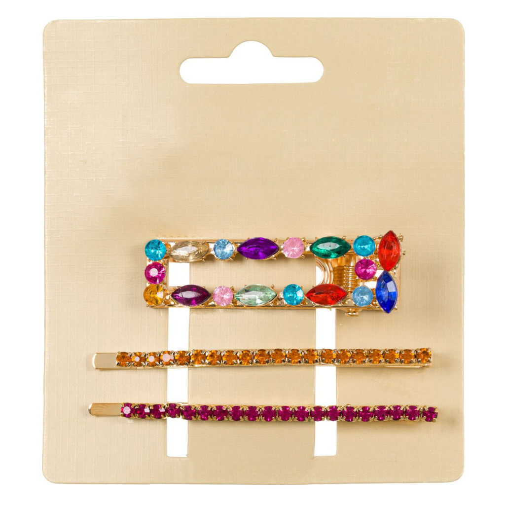 Clama & agrafe pentru par, cu strassuri colorate, 3 bucati — varianta 2