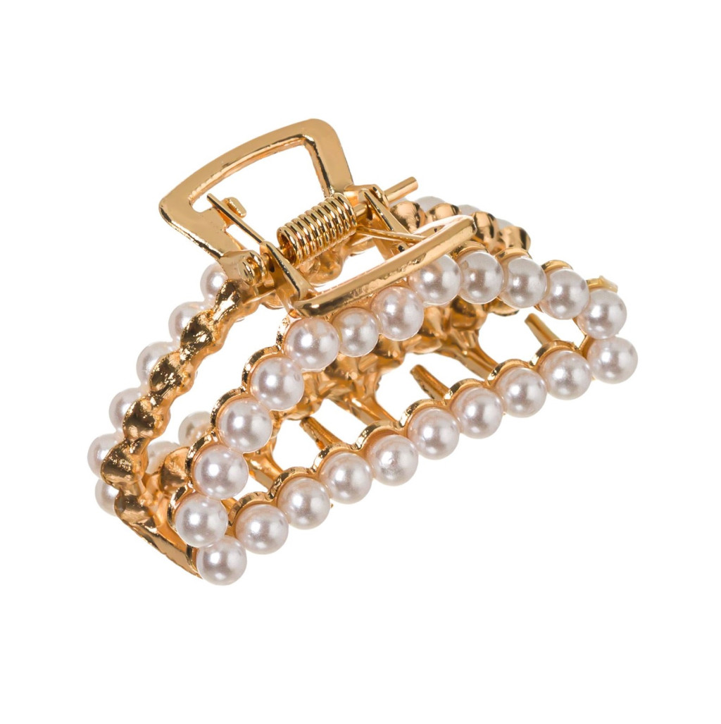 Clama de par cu perle albe, aurie, 5 cm — varianta 2