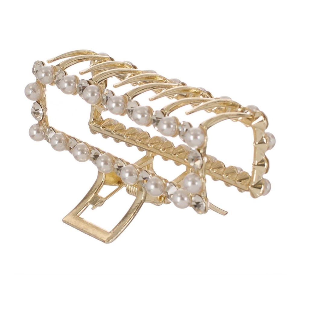 Clama par de culoare aurie, perle albe & strass, 9 cm — 2