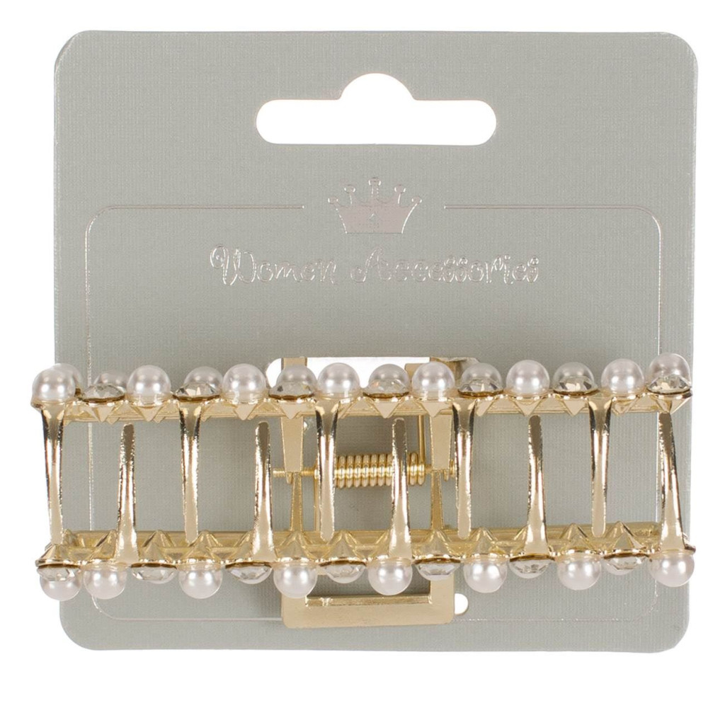 Clama par de culoare aurie, perle albe & strass, 9 cm — 3