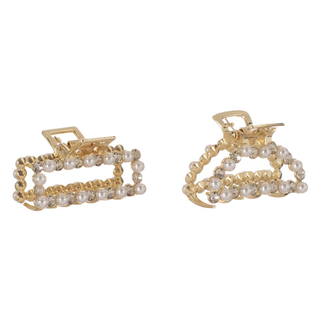 Clame par aurii, cu strass & perle albe, 5 cm, 2 bucati — 2