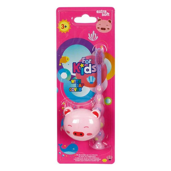 Periuta de dinti pentru copii, roz lila si husa protectie purcelus — varianta 4