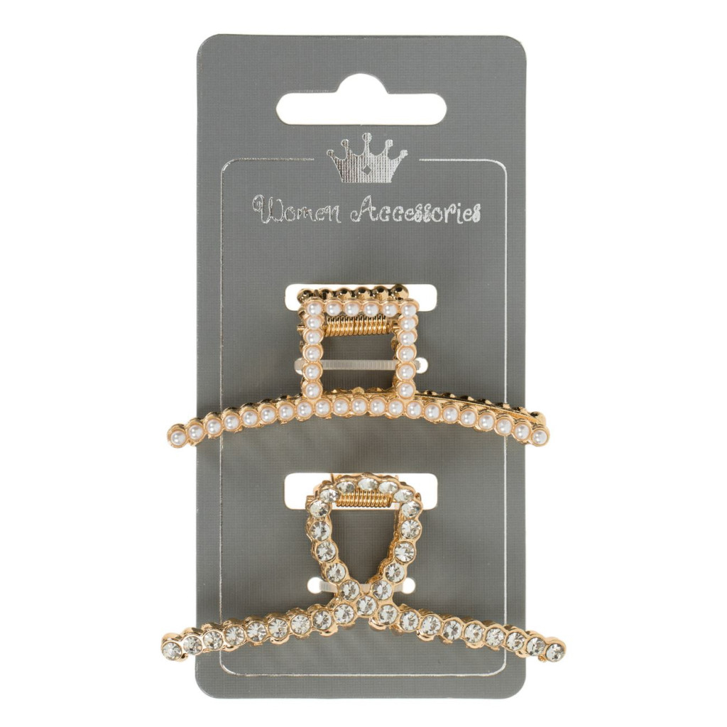Clame par aurii, cu strass & perle albe, 7.5 cm, 2 bucati — varianta 2