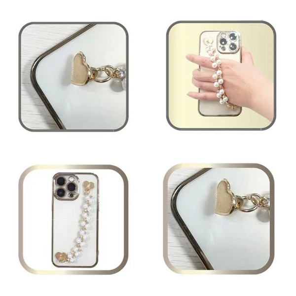 Decoratiune telefon mobil, maner auriu, margele cu strass Inimi, 16 cm — 3