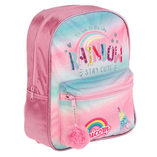 Ghiozdan gradinita roz, holografic, Rainbow, cu pompon — varianta 2