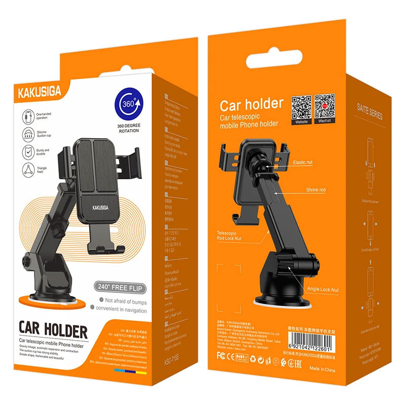 Suport auto KAKU KSC-715B, cleme laterale, MultiAngle, brat telescopic, prindere pe bord/parbriz, negru — 3