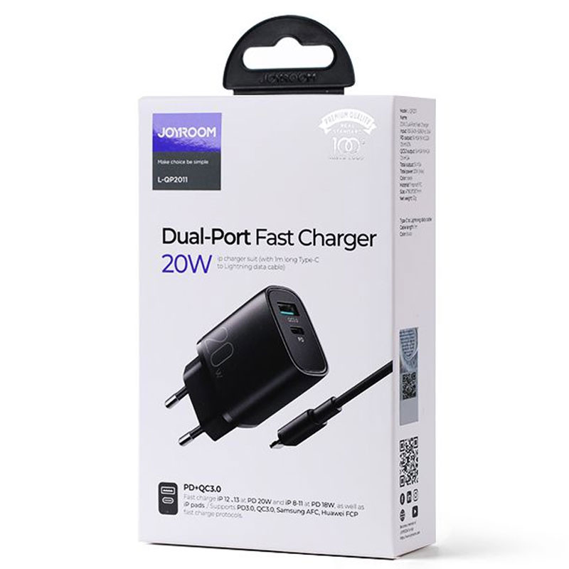 Incarcator casa Joyroom L-QP2011, cablu lightning inclus, 20W, 1xUSB-C, 1xUSB-A, PD, QC 3.0, negru — varianta 2
