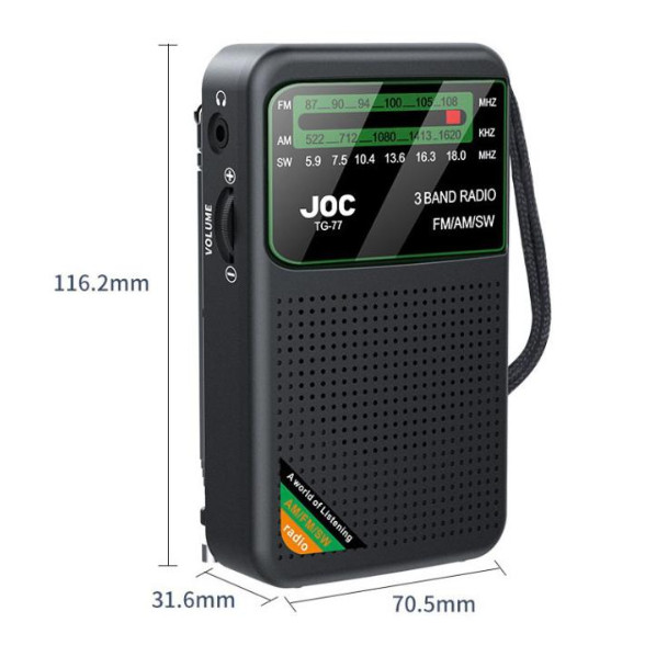Radio portabil AM/FM/SW JOC TG-77, iesire jack 3.5 mm, acumulator 2000 mAH, cablu Type-C, negru — varianta 2
