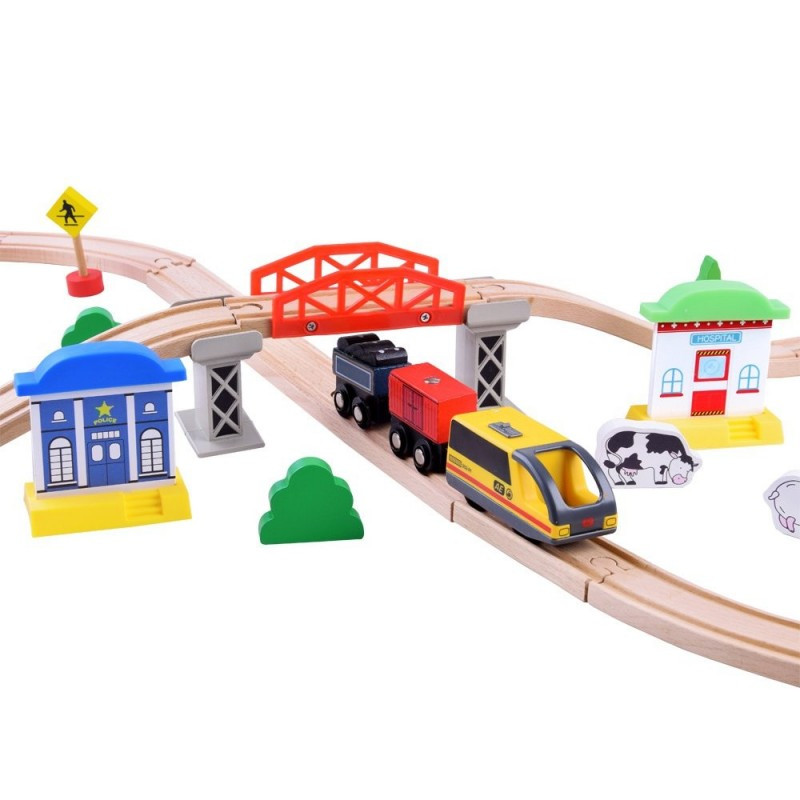 Traseu din lemn Kids Toyland, oras cu accesorii, locomotiva cu baterii, 46 de piese — varianta 3