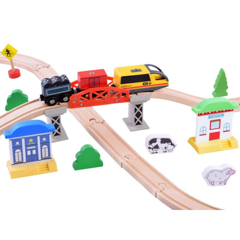 Traseu din lemn Kids Toyland, oras cu accesorii, locomotiva cu baterii, 46 de piese — varianta 4