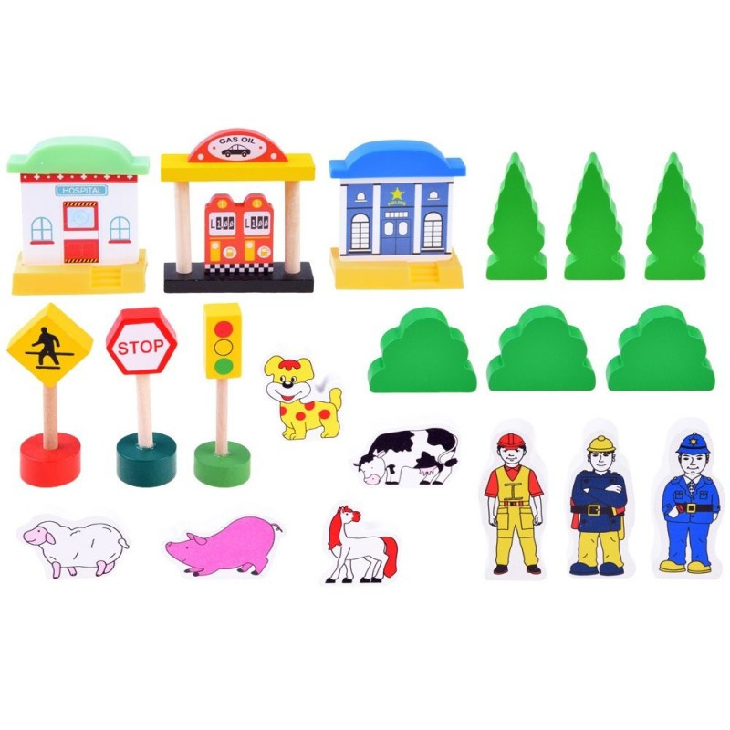 Traseu din lemn Kids Toyland, oras cu accesorii, locomotiva cu baterii, 46 de piese — varianta 7