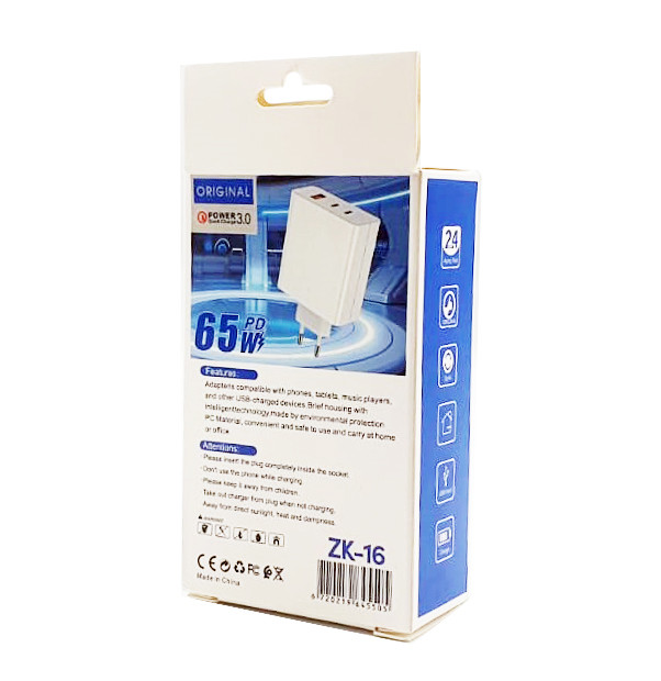 Incarcator telefon ZK-16, 65W,  2 porturi PD/Type-C + 1 port USB, incarcare super rapida, alb — varianta 4