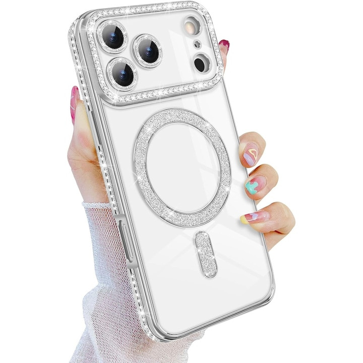 Husa Apple iPhone 17 Pro, Electroplating Bling Magsafe, protectie camera, margini argintii
