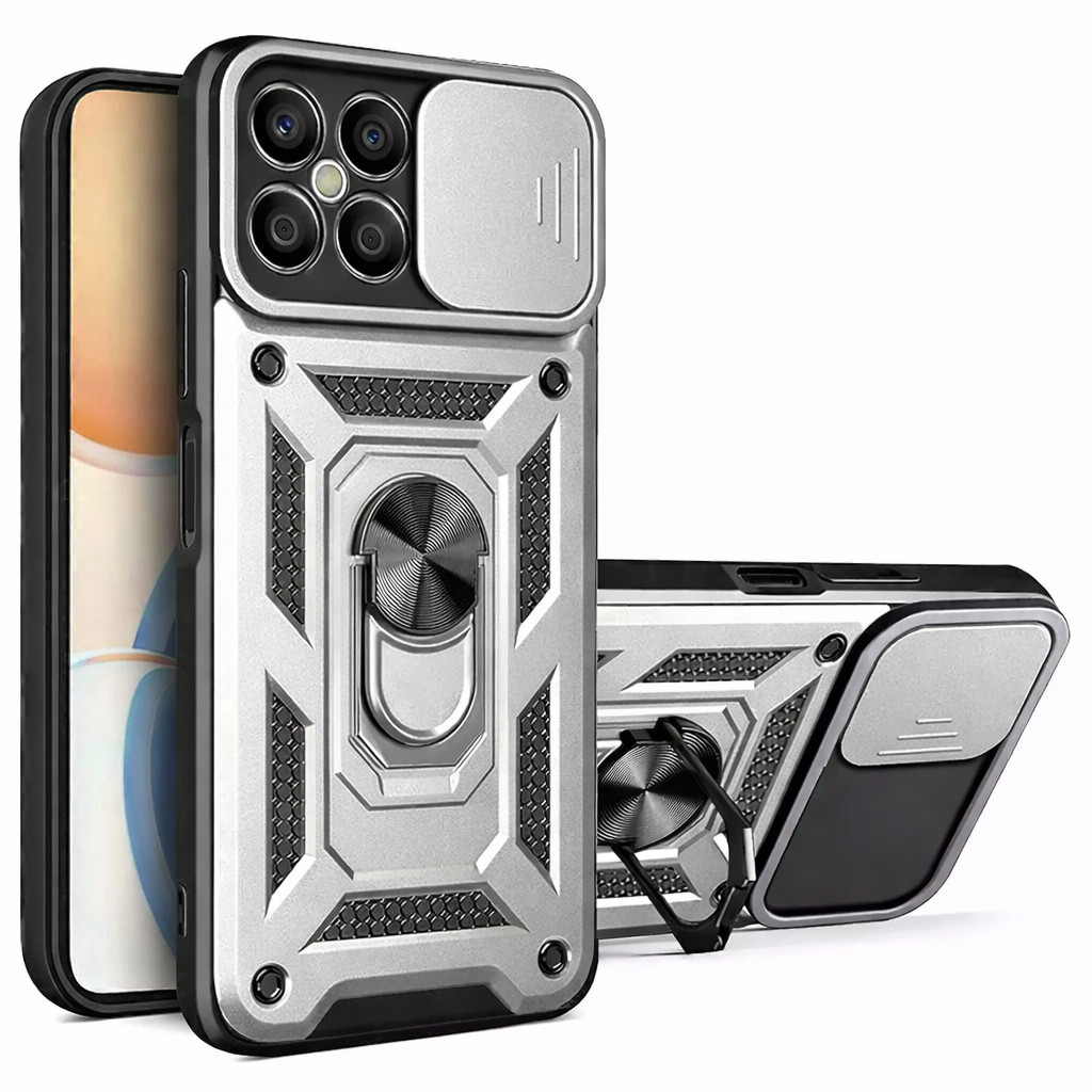 Husa protectie Honor X8b, Camshield Armor, inel sustinere, protectie camera, argintie