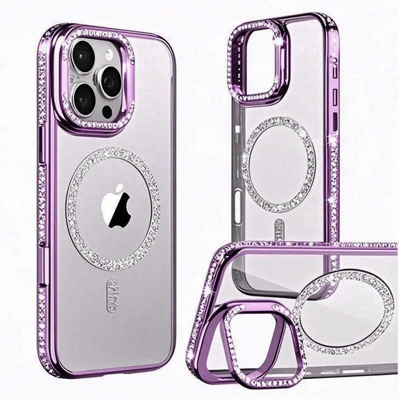 Husa Apple iPhone 14, Crystal Magsafe Electroplating TPU, functie stand, margini mov
