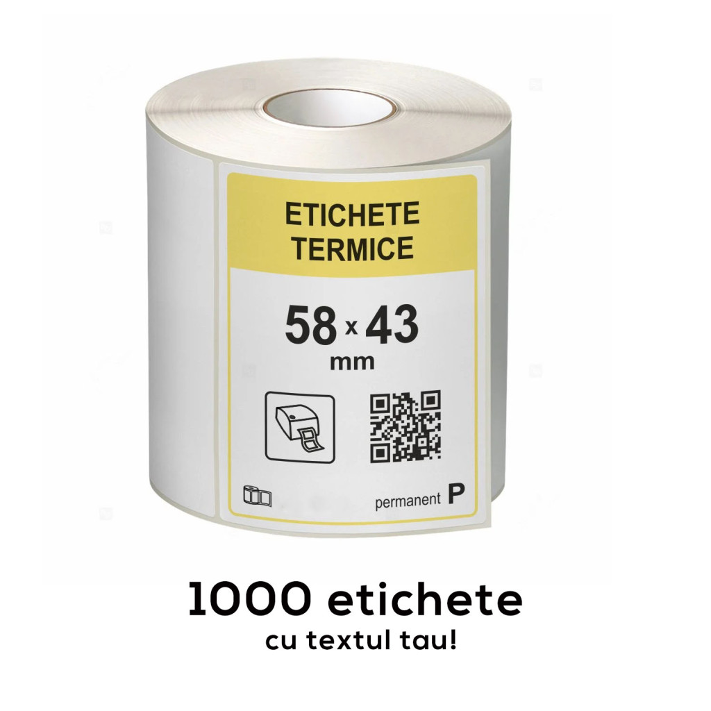 Etichete termice autoadezive la rola, 58 x 43 mm, imprimate cu textul tau, 1000 etichete