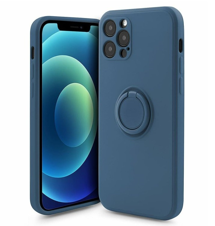 Husa Apple iPhone 12, Ring Silicone, suport sustinere rotativ, catifea in interior, albastra