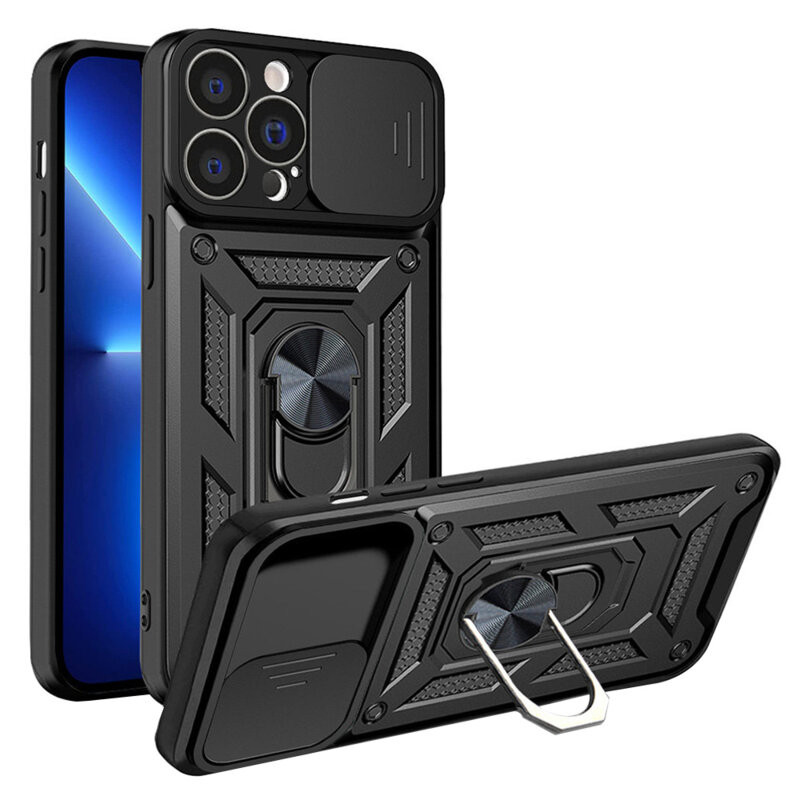 Husa Apple iPhone 13 Pro, Camshield Armor, inel sustinere, protectie camera, neagra