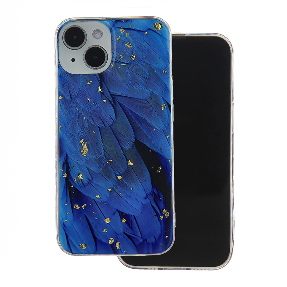 Husa Apple iPhone 15 Pro, Gold Glam Blue Feathers